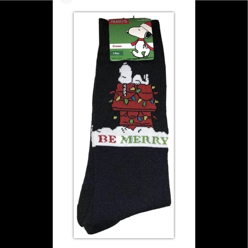 Peanuts Snoopy Holiday Crew Socks 1Pair Men 6.5-12 Black Red Merry XMas Cartoon